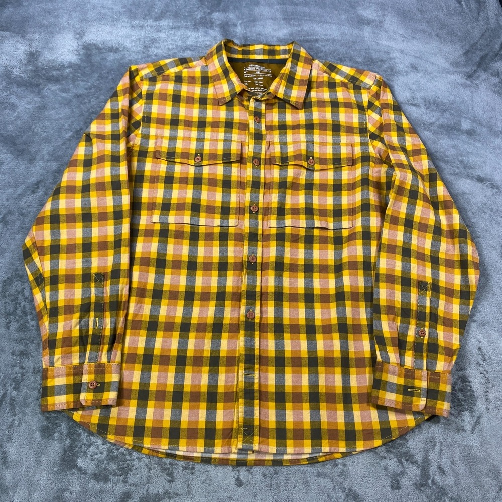 REI Co Op Shirt Mens L Yellow Plaid Flannel Button Up Outdoor Hiking Long Sleeve